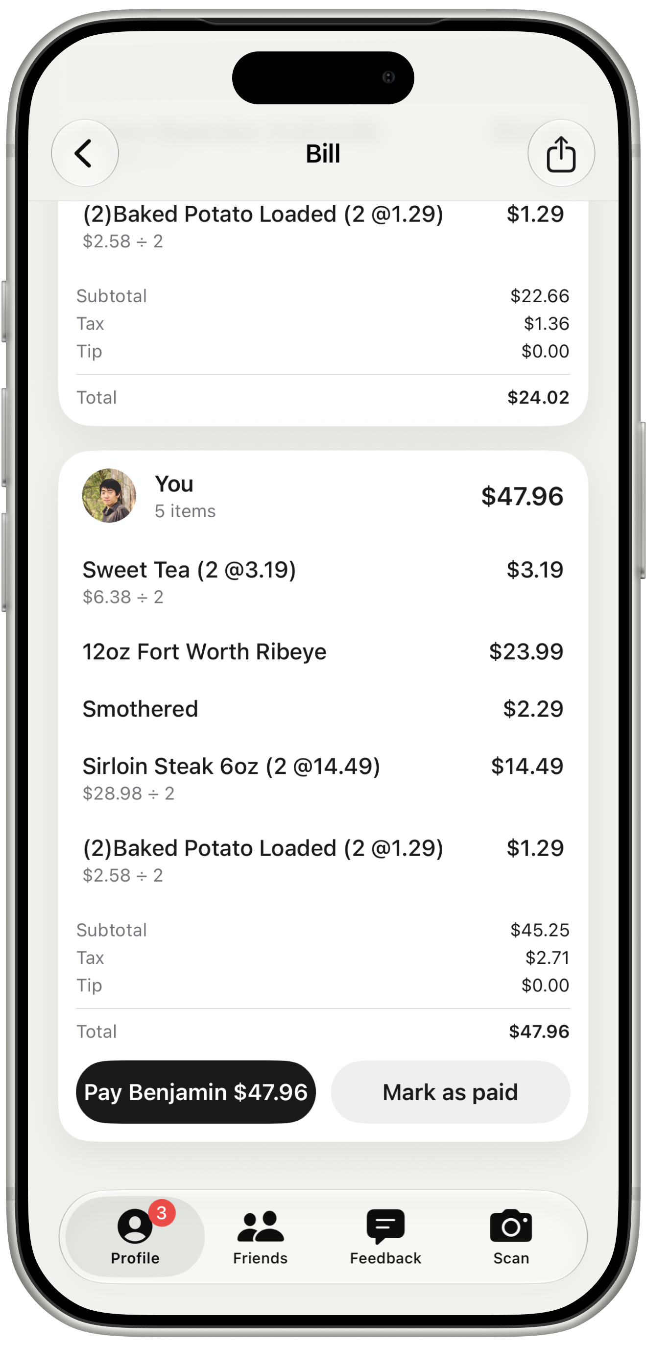 SlashTab bill screen showing itemized share and Pay Benjamin button