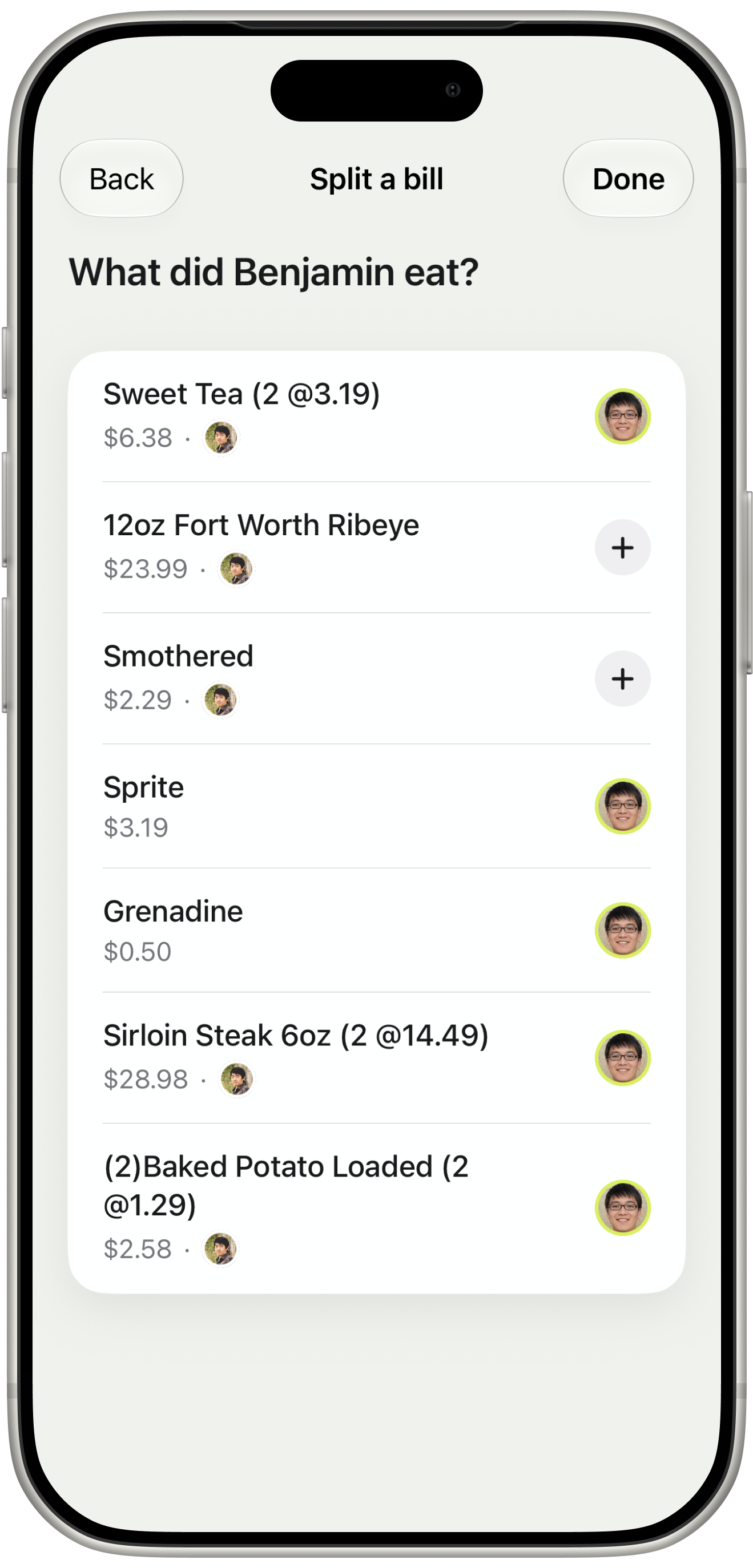 SlashTab split a bill screen assigning items to friends